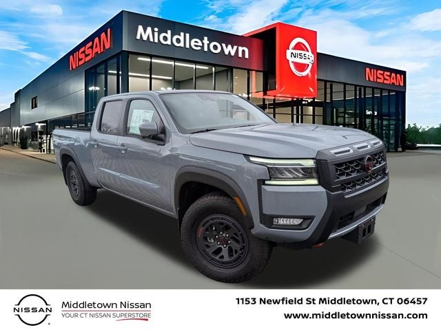 2025 Nissan Frontier Crew Cab PRO-4X Long Bed in Boulder Gray Pearl — front three-quarter view