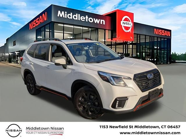 2023 Subaru Forester Sport in Crystal White Pearl — front three-quarter view